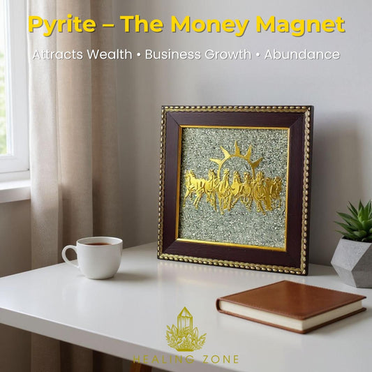 HEALING ZONE 7 Horses on Raw Pyrite Frame – Vastu Wall Décor for Home & Office