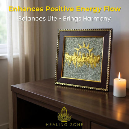HEALING ZONE 7 Horses on Raw Pyrite Frame – Vastu Wall Décor for Home & Office