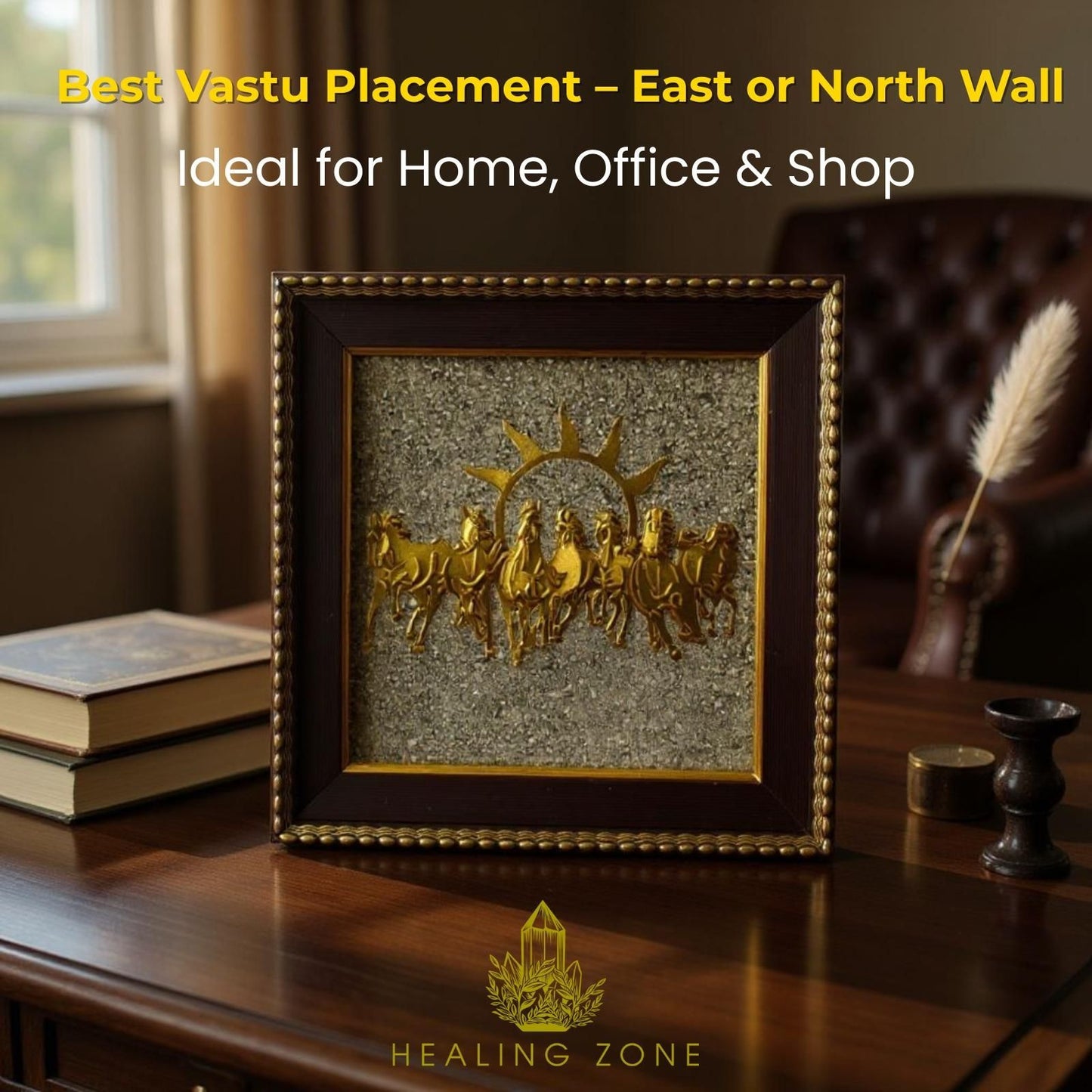 HEALING ZONE 7 Horses on Raw Pyrite Frame – Vastu Wall Décor for Home & Office