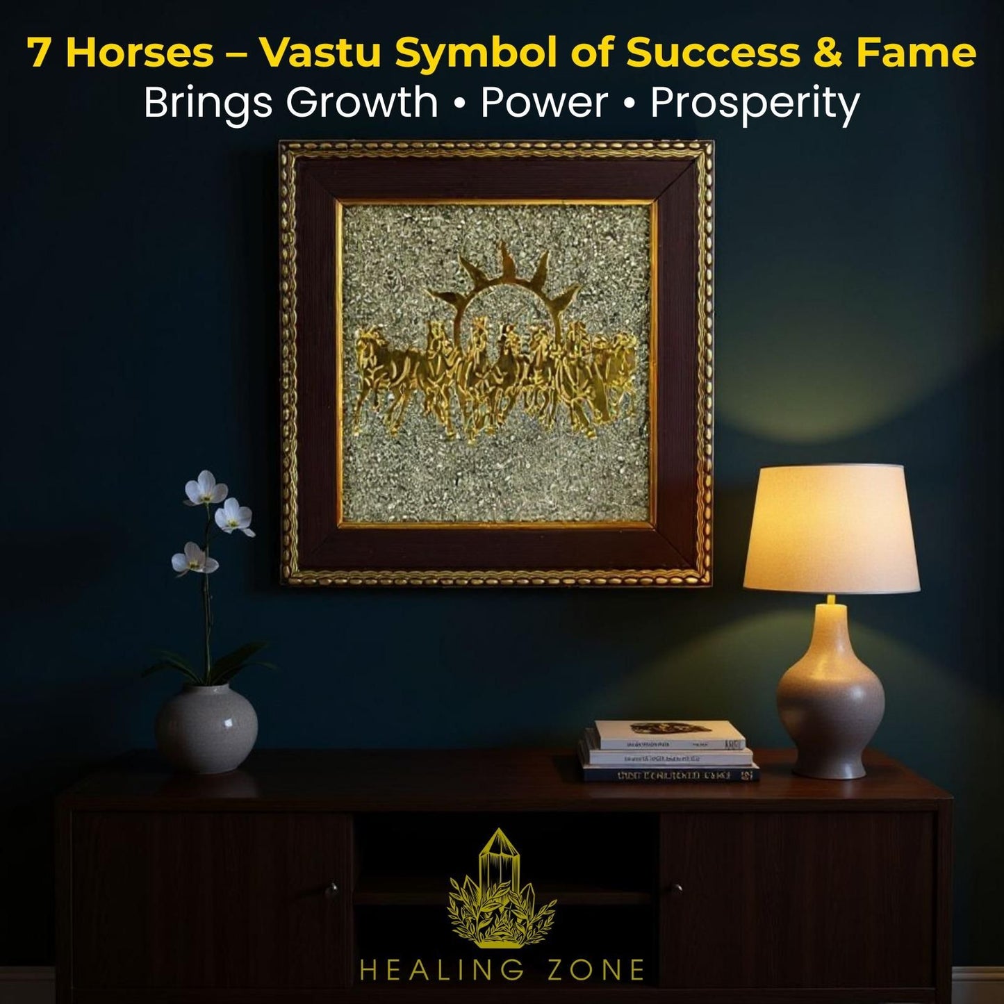 HEALING ZONE 7 Horses on Raw Pyrite Frame – Vastu Wall Décor for Home & Office